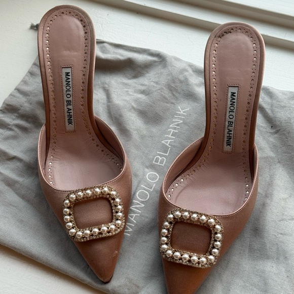 Manolo Blahnik Brown Heels with Pearl Buckle
